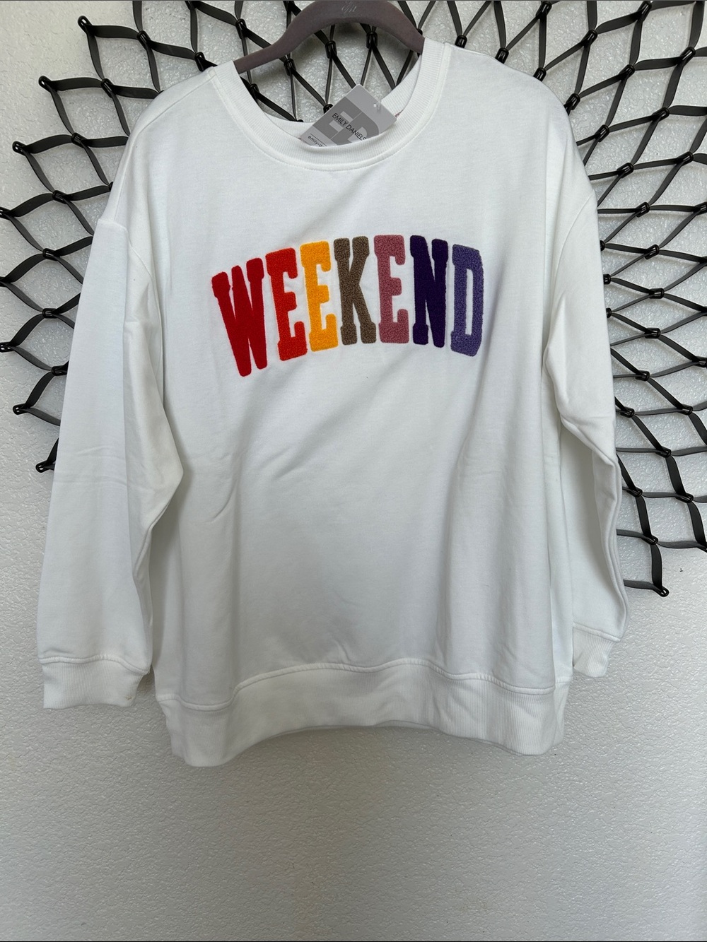 White 'WEEKEND' Crewneck Sweatshirt with Colorful Embroidery